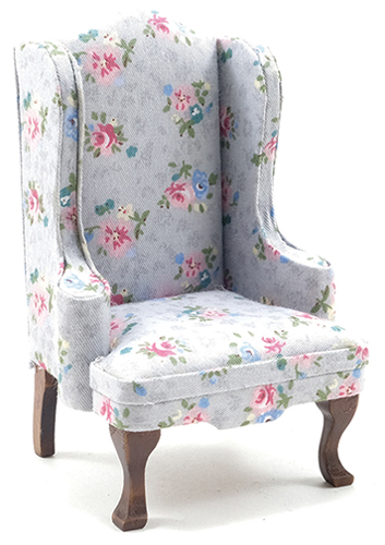 Chair, Walnut with Gray Floral Fabric